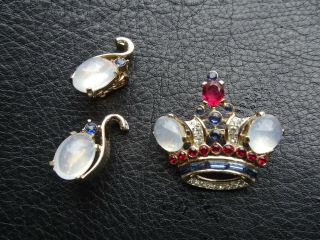 Crown Trifari Crown Pin Brooch W Matching Earrings Set Alfred Philippe Design