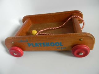 Vintage Mid - Century Playschool Colorol Wood Wagon With Pull String