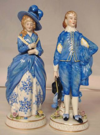 Pr Vintage Blue Sitzendorf German Porcelain Man Woman Figurine Aristocrats