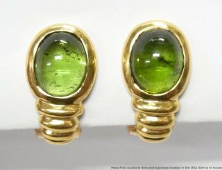 5ctw Green Tourmaline 18k Yellow Gold Earrings Ladies Signed Vintage Ear Clips