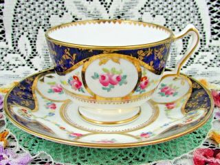 Crown Staffordshire Cobalt Hp Pink Rose Floral Swag Tea Cup And Saucer