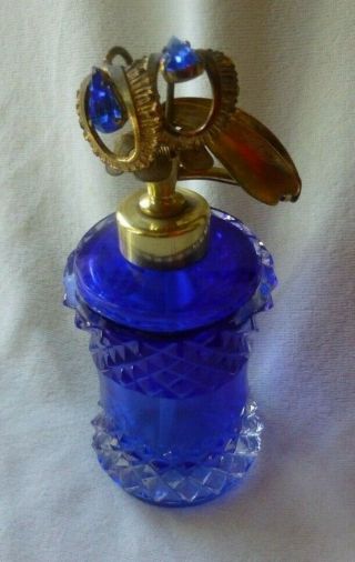 Vtg Rare Czech Cobalt Blue Cut Glass Perfume Bottle Signed W.  Germany Atomizer