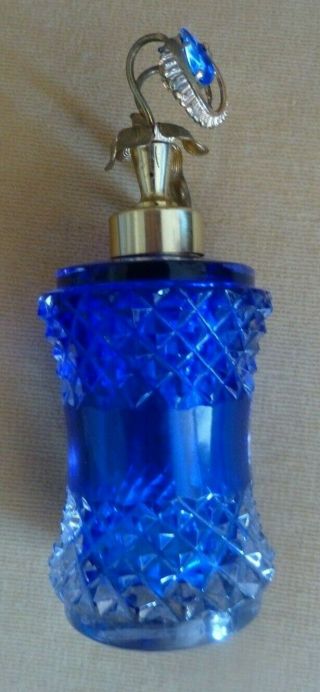 VTG RARE CZECH COBALT BLUE CUT GLASS PERFUME BOTTLE SIGNED W.  GERMANY ATOMIZER 3