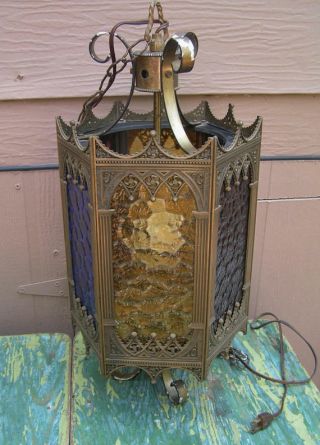 Vintage Light Craft Of California 1969 Brass Octagon Colored Glass Swag Lamp 5