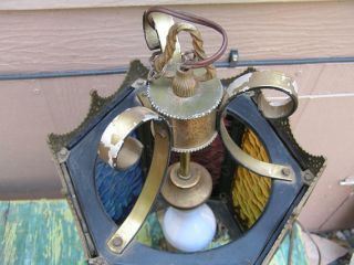 Vintage Light Craft Of California 1969 Brass Octagon Colored Glass Swag Lamp 6
