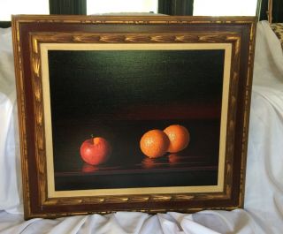 Vintage Signed Oil Painting On Canvas F.  Guarnieri Realism Still Life Fruit Mcm