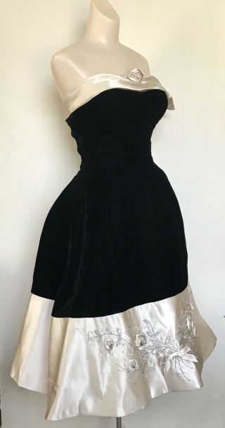 Vtg 50s Couture Silk Satin Velvet Rose Rosette Rhinestone Strapless Dress Vlv