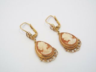 Vintage 14k Yellow Gold Filigree Design Shell Cameo Dangle Earrings,  Signed