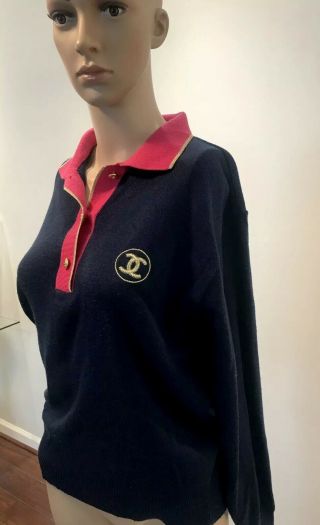 Vintage Classic Chanel Cc Black Logo Button Wool Sweater Top Navy,  Pink,  Gold