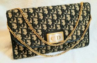 Rare Vintage Christian Dior blue trotter clutch gold chain bag purse 9