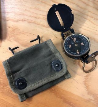 Vintage Wwii Era Us Army W & L.  E.  Gurley Compass With Canvas Belt Case Usa