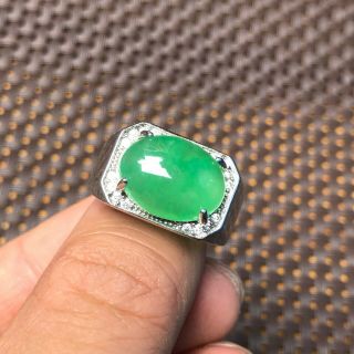 Chinese Handwork Rare S925 Silver & Green Jadeite Jade Oval Bead No.  10.  5 - 12 Ring