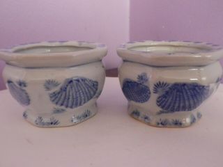 Fab Pair Vintage Chinese Octagonal Blue & White Sea Shell Plant Pots 8.  5 Cms Dia