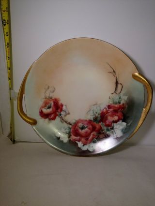 Antique Hand Painted Plate Roses Cake Plate 2 Handles 10.  5 " Signed 1915