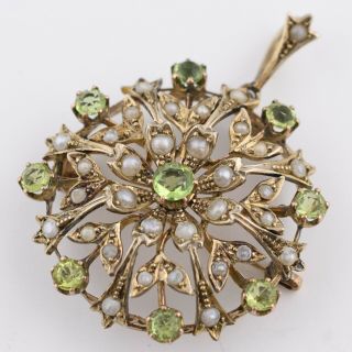 Antique Victorian Edwardian 9k 9ct Gold Seed Pearl Peridot Pendant Brooch Pin