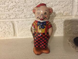 Vintage 1930s J Chein & Co Tin Litho Wind Up Toy Walking Winking Pig Usa