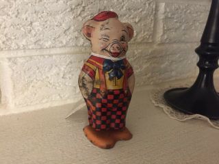 VINTAGE 1930s J CHEIN & CO TIN LITHO WIND UP TOY WALKING WINKING PIG USA 2