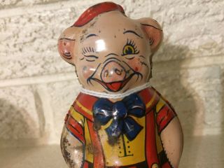 VINTAGE 1930s J CHEIN & CO TIN LITHO WIND UP TOY WALKING WINKING PIG USA 6
