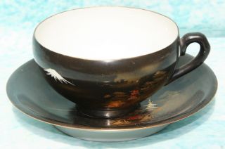 Antique Vintage Japanese Egg Shell Porcelain Black & Gold Lustre Cup & Saucer