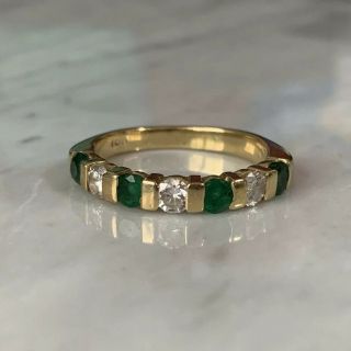 18ct Gold 0.  75ct Emerald & Diamond Ring Eternity Band Size M Vintage / Antique