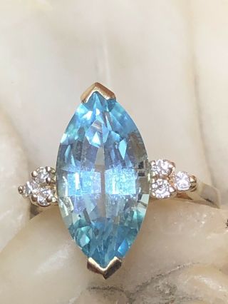 Estate Vintage 14k Gold Blue Topaz Diamond Ring Navette Signed Cid Engagement