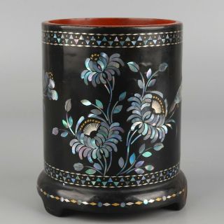 Chinese Exquisite Handmade Flower Bird Mother - Of - Pearl Lacquerware Brush Pot