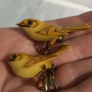 Two Vintage Takahashi Or Takahashi Style Wood Bird Pin Brooch,  Canary ? Pair