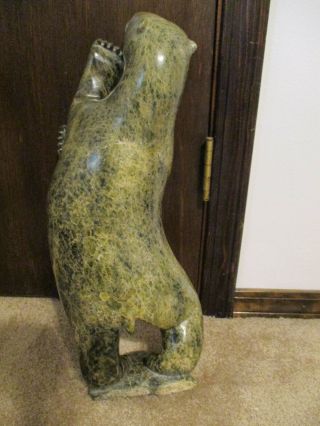 CARVED STONE INUIT ART SCULPTURE DANCING POLAR BEAR SIGNED 19 