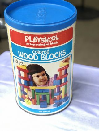 Euc Vintage Playskool Wood Colored Blocks 1977 W Canister Playschool Preschool