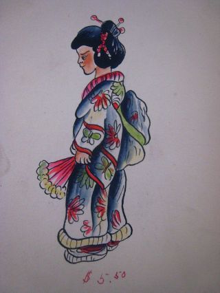 Vintage,  Tattoo Flash  Geisha .  And Stencil.  1910 - 1920.