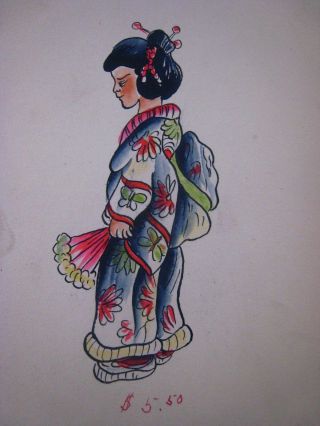 Vintage,  Tattoo Flash  Geisha .  and Stencil.  1910 - 1920. 4