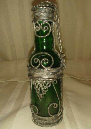 Lovely Antique Art Deco Green Glass 5 " Perfume Bottle In Silver Filigree Cage