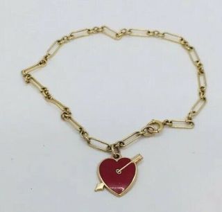 Antique 14k Yellow Gold Red Enamel Arrow Heart Charm Bracelet