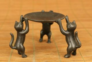 Rare Old Bronze Hand Carving Three Cat Candle Stick Oil Lamp Statue Noble Gift