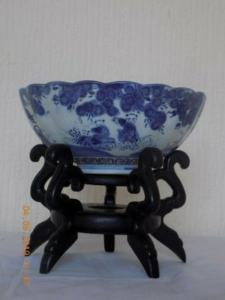 Chinese Qing Dynasty Blue And White Bowl With Stand C1890 - 1900