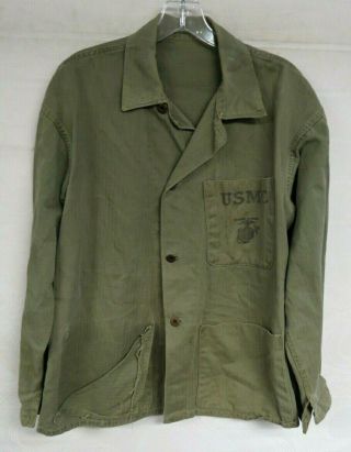 Vintage Ww2 Us Marines 40s Hbt Shirt Jacket Donut Buttons Herrinbone Olive Usmc