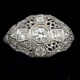 Estate Diamond 14k White Gold Ring Art Deco Filigree 1930s Transitional Cut Gift