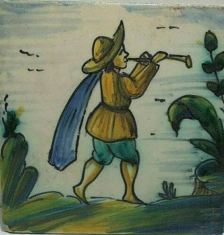 Vintage Delft Art Tile Boy With Horn 6 " Hand Painted