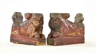 Pair Antique Chinese Red Gilt Wooden Carved Statue Figure Of Fu / Foo Dog Lion