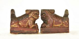Pair Antique Chinese Red Gilt Wooden Carved Statue Figure of Fu / Foo Dog Lion 2