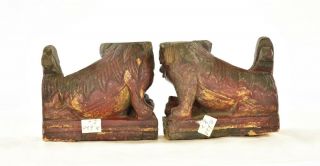 Pair Antique Chinese Red Gilt Wooden Carved Statue Figure of Fu / Foo Dog Lion 3
