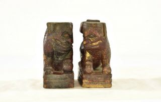 Pair Antique Chinese Red Gilt Wooden Carved Statue Figure of Fu / Foo Dog Lion 4
