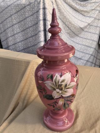 Antique Victorian Pink Cased Floral Art Glass Vase Urn With Lid Hand Painted P/o