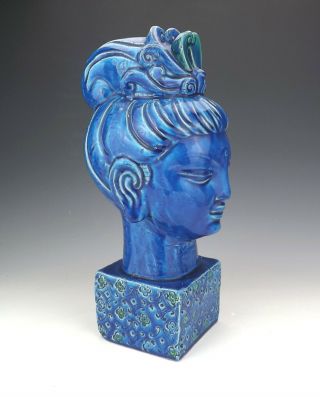 Vintage Bitossi Aldo Londi - Rimini Blu - Large Guan Yin Head Bust - 1960 ' s 2