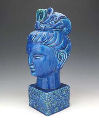 Vintage Bitossi Aldo Londi - Rimini Blu - Large Guan Yin Head Bust - 1960 ' s 5