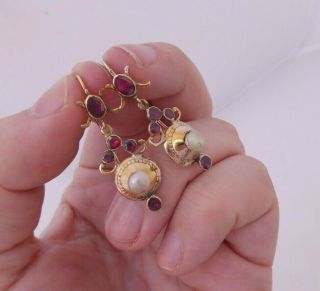 15ct Gold Late17th Century Flat Cut Garnet Natural Baroque Pearl Earrings,  Rare