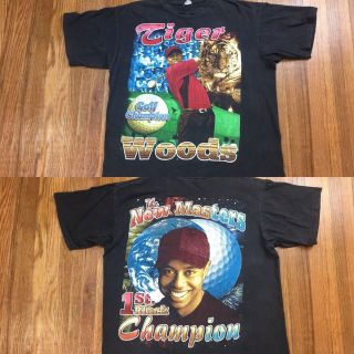 Vintage Tiger Woods T Shirt Bootleg Rap Tee Double Sided Sz L Bay Club Hip Hop
