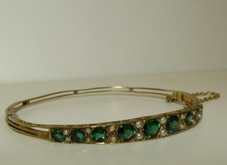 Gorgeous,  Antique Victorian 9 Ct Gold Bangle With Fine Emeralds And Split Pearls