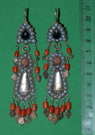 Antique Silver Earrings With Corals Bukhara Xix - Early Xx