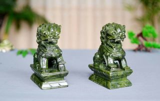 A Pair 100 Natural China Green Jade Carved Fengshui Foo Fu Dog Statue